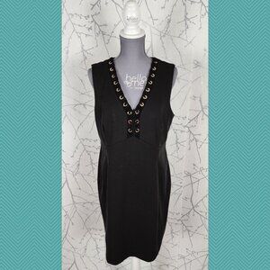 Ivanka Trump Black Stretch Knit Lace Eyelet V-Neck Midi Dress